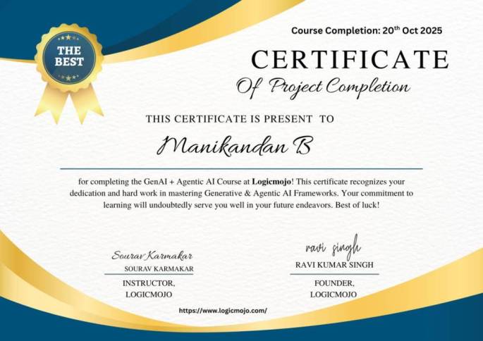 Sample LogicMojo Agentic AI Course Certificate